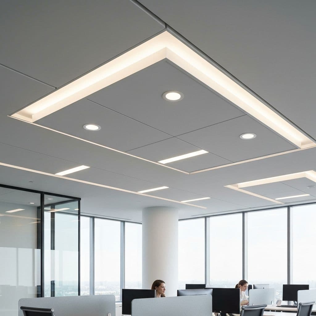 Sleek ceiling panel lights illuminating a modern office workspace