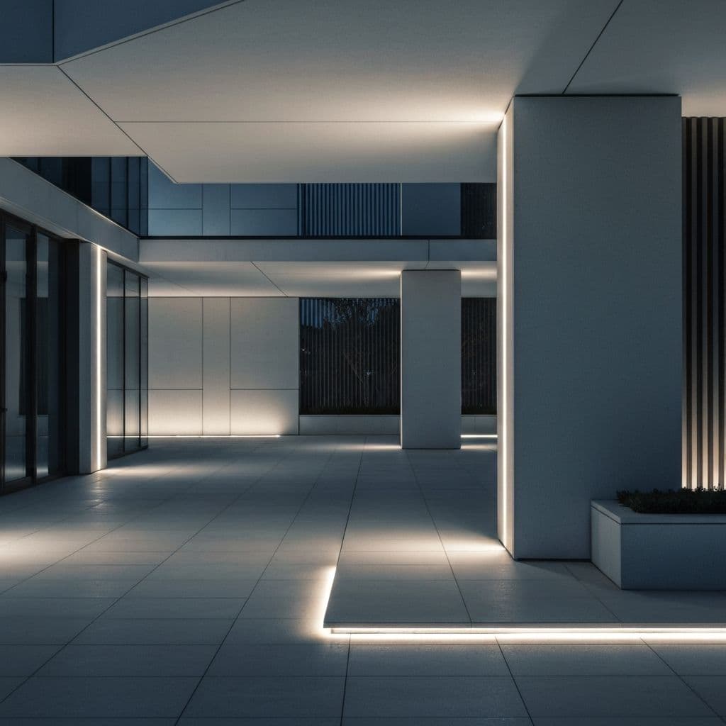 Architectural outdoor lighting highlighting building facade at night